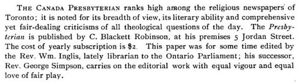 Canada Presbyterian Description from Toronto Past and Present A Handbook of the City Charles Pelham Mulvany 1884